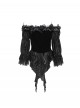 Gorgeous Elegant Black Sexy One Shoulder Exquisite Lace Velvet Splicing Rose Feather Decoration Gothic Style Top