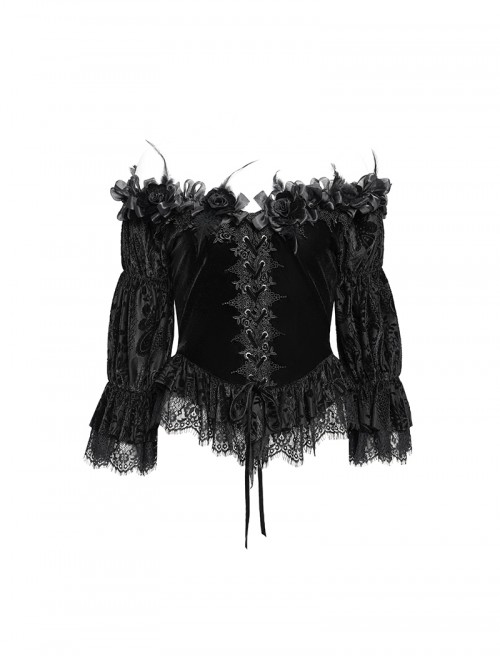 Gorgeous Elegant Black Sexy One Shoulder Exquisite Lace Velvet Splicing Rose Feather Decoration Gothic Style Top