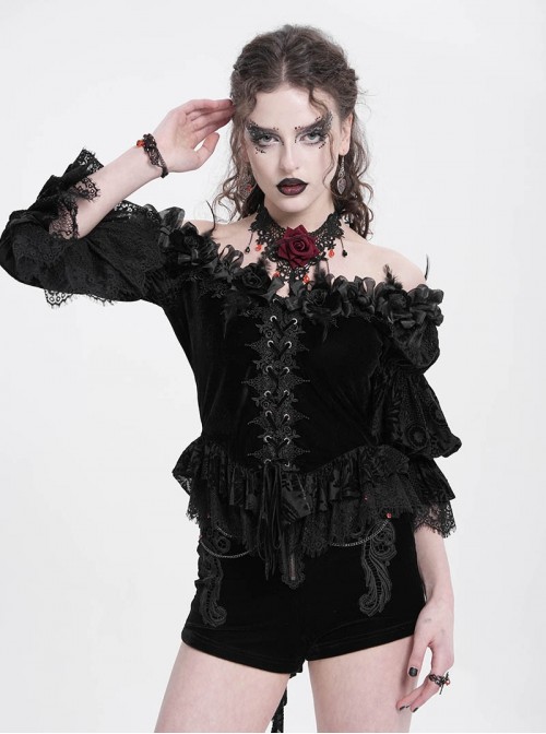 Gorgeous Elegant Black Sexy One Shoulder Exquisite Lace Velvet Splicing Rose Feather Decoration Gothic Style Top