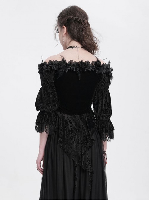 Gorgeous Elegant Black Sexy One Shoulder Exquisite Lace Velvet Splicing Rose Feather Decoration Gothic Style Top
