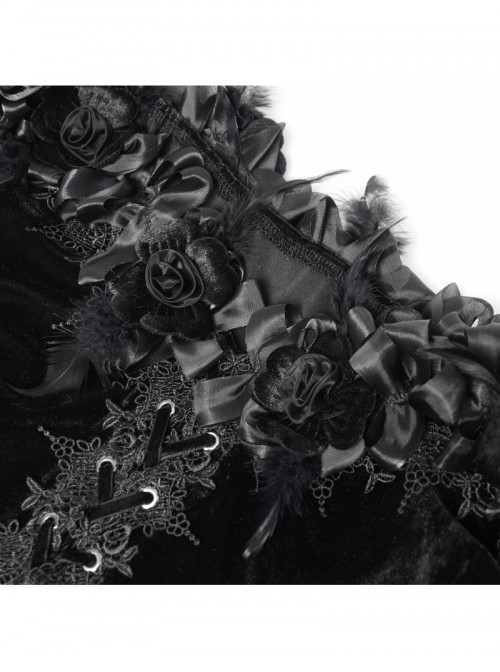 Gorgeous Elegant Black Sexy One Shoulder Exquisite Lace Velvet Splicing Rose Feather Decoration Gothic Style Top