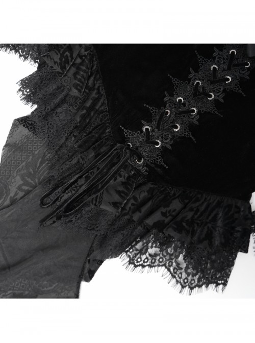 Gorgeous Elegant Black Sexy One Shoulder Exquisite Lace Velvet Splicing Rose Feather Decoration Gothic Style Top