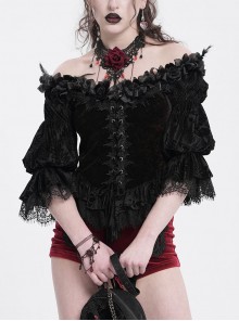 Retro Elegant Black Red Sexy One Shoulder Lace Velvet Splicing Exquisite Rose Feather Decoration Gothic Style Top