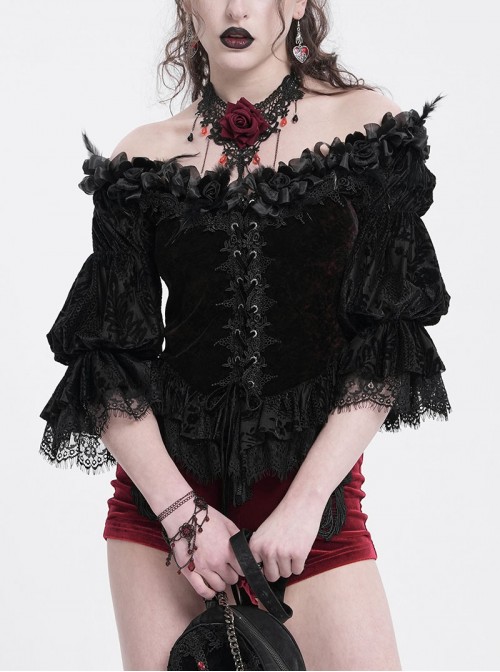 Retro Elegant Black Red Sexy One Shoulder Lace Velvet Splicing Exquisite Rose Feather Decoration Gothic Style Top
