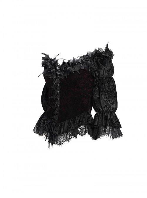 Retro Elegant Black Red Sexy One Shoulder Lace Velvet Splicing Exquisite Rose Feather Decoration Gothic Style Top