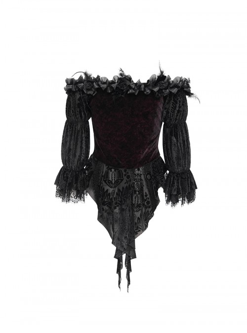 Retro Elegant Black Red Sexy One Shoulder Lace Velvet Splicing Exquisite Rose Feather Decoration Gothic Style Top