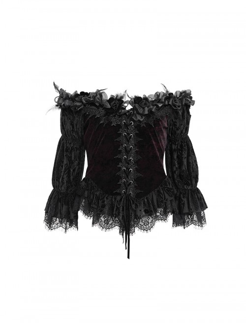Retro Elegant Black Red Sexy One Shoulder Lace Velvet Splicing Exquisite Rose Feather Decoration Gothic Style Top