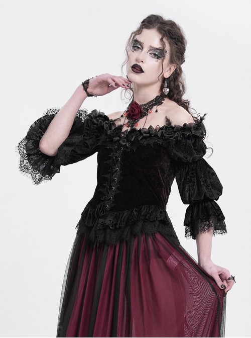 Retro Elegant Black Red Sexy One Shoulder Lace Velvet Splicing Exquisite Rose Feather Decoration Gothic Style Top