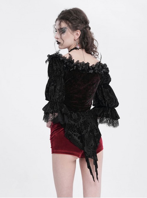 Retro Elegant Black Red Sexy One Shoulder Lace Velvet Splicing Exquisite Rose Feather Decoration Gothic Style Top