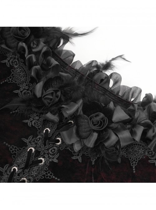 Retro Elegant Black Red Sexy One Shoulder Lace Velvet Splicing Exquisite Rose Feather Decoration Gothic Style Top