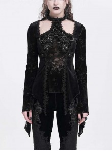 Elegant Black Sexy Hollow Design Exquisite Rose Dark Pattern Three Dimensional Flower Decoration Gothic Style Top