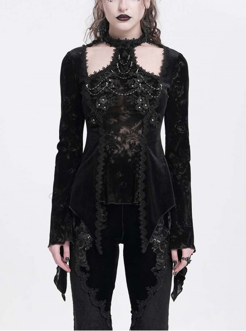 Elegant Black Sexy Hollow Design Exquisite Rose Dark Pattern Three Dimensional Flower Decoration Gothic Style Top