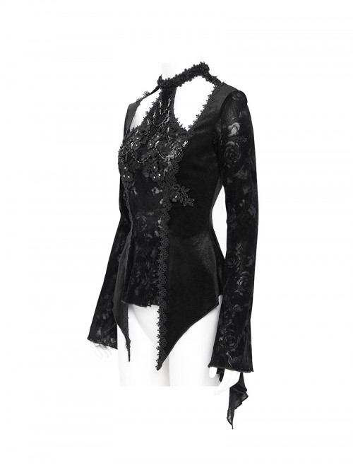 Elegant Black Sexy Hollow Design Exquisite Rose Dark Pattern Three Dimensional Flower Decoration Gothic Style Top