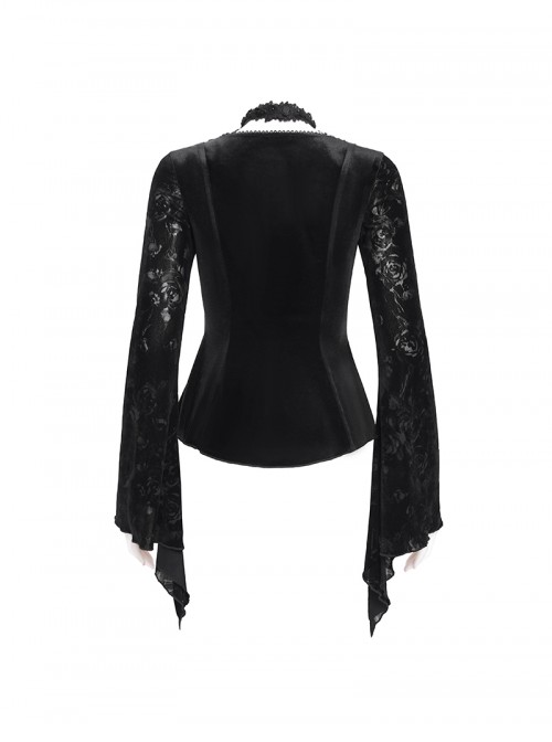 Elegant Black Sexy Hollow Design Exquisite Rose Dark Pattern Three Dimensional Flower Decoration Gothic Style Top