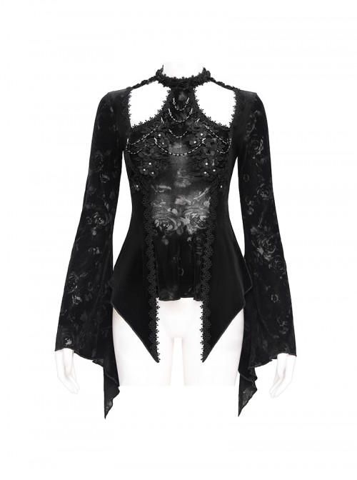Elegant Black Sexy Hollow Design Exquisite Rose Dark Pattern Three Dimensional Flower Decoration Gothic Style Top