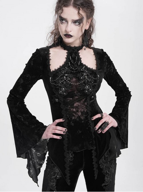 Elegant Black Sexy Hollow Design Exquisite Rose Dark Pattern Three Dimensional Flower Decoration Gothic Style Top