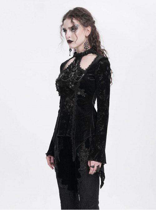 Elegant Black Sexy Hollow Design Exquisite Rose Dark Pattern Three Dimensional Flower Decoration Gothic Style Top