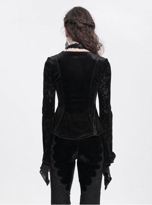 Elegant Black Sexy Hollow Design Exquisite Rose Dark Pattern Three Dimensional Flower Decoration Gothic Style Top