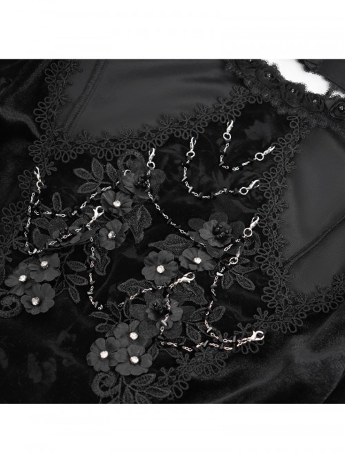 Elegant Black Sexy Hollow Design Exquisite Rose Dark Pattern Three Dimensional Flower Decoration Gothic Style Top