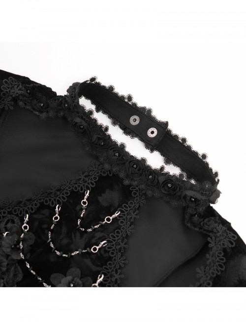 Elegant Black Sexy Hollow Design Exquisite Rose Dark Pattern Three Dimensional Flower Decoration Gothic Style Top
