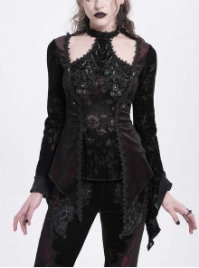 Elegant Black Red Sexy Hollow Design Exquisite Rose Dark Pattern Retro Flower Decoration Gothic Style Top