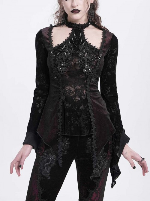 Elegant Black Red Sexy Hollow Design Exquisite Rose Dark Pattern Retro Flower Decoration Gothic Style Top