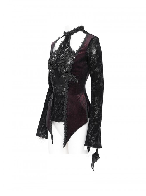 Elegant Black Red Sexy Hollow Design Exquisite Rose Dark Pattern Retro Flower Decoration Gothic Style Top