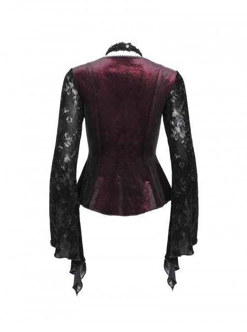 Elegant Black Red Sexy Hollow Design Exquisite Rose Dark Pattern Retro Flower Decoration Gothic Style Top