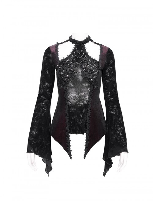 Elegant Black Red Sexy Hollow Design Exquisite Rose Dark Pattern Retro Flower Decoration Gothic Style Top