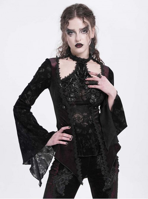 Elegant Black Red Sexy Hollow Design Exquisite Rose Dark Pattern Retro Flower Decoration Gothic Style Top