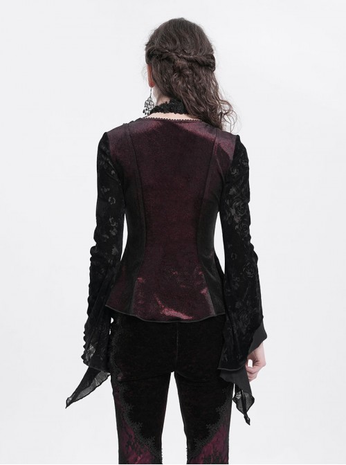 Elegant Black Red Sexy Hollow Design Exquisite Rose Dark Pattern Retro Flower Decoration Gothic Style Top