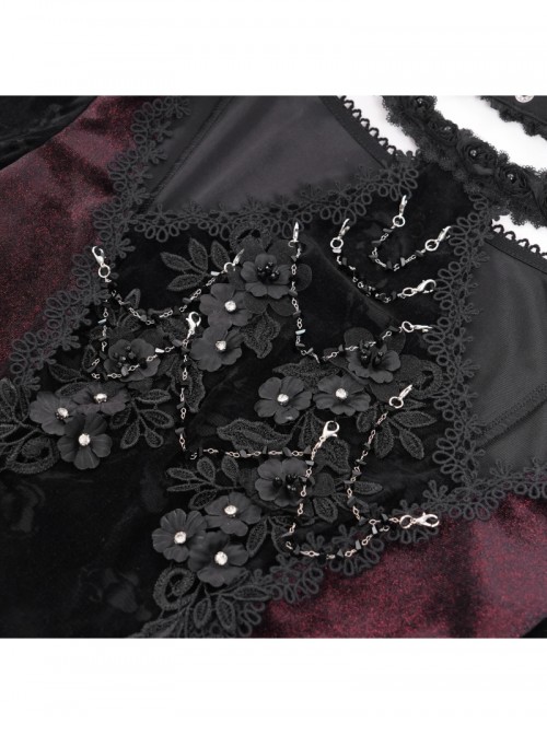 Elegant Black Red Sexy Hollow Design Exquisite Rose Dark Pattern Retro Flower Decoration Gothic Style Top