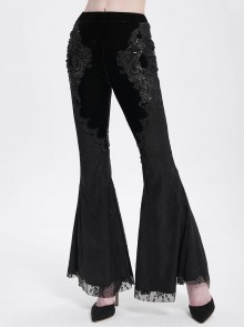 Elegant Slim Fit Black Velvet Stitching Lace Mesh Gorgeous Embroidered Patch Decoration Gothic Style Flared Pants