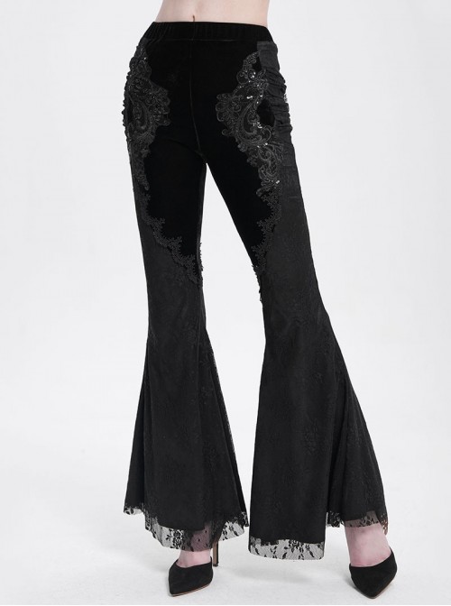 Elegant Slim Fit Black Velvet Stitching Lace Mesh Gorgeous Embroidered Patch Decoration Gothic Style Flared Pants