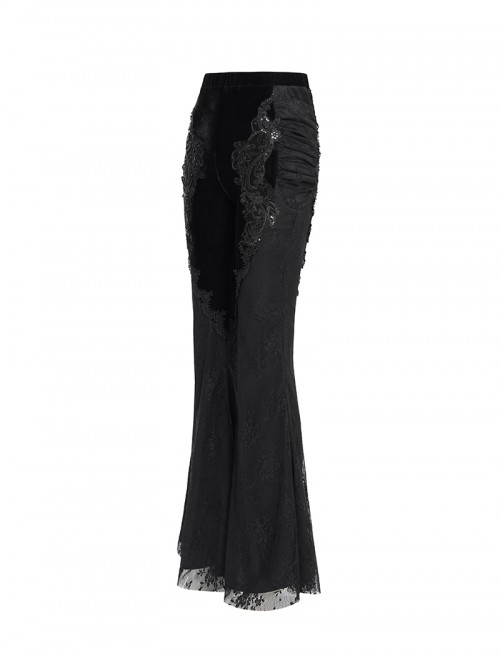 Elegant Slim Fit Black Velvet Stitching Lace Mesh Gorgeous Embroidered Patch Decoration Gothic Style Flared Pants