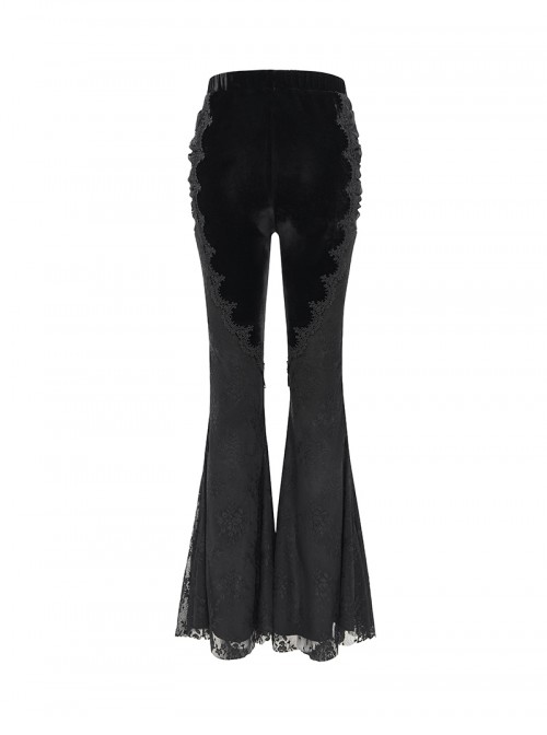 Elegant Slim Fit Black Velvet Stitching Lace Mesh Gorgeous Embroidered Patch Decoration Gothic Style Flared Pants