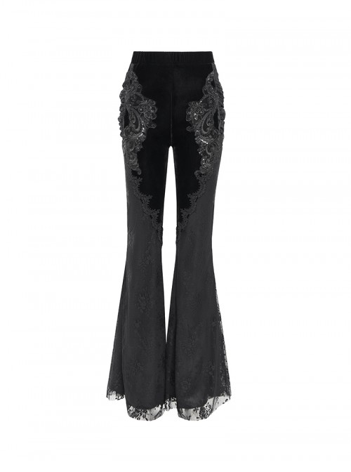 Elegant Slim Fit Black Velvet Stitching Lace Mesh Gorgeous Embroidered Patch Decoration Gothic Style Flared Pants