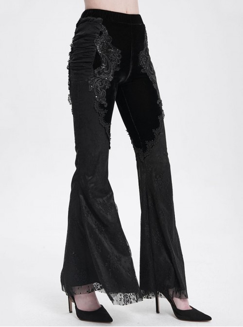 Elegant Slim Fit Black Velvet Stitching Lace Mesh Gorgeous Embroidered Patch Decoration Gothic Style Flared Pants