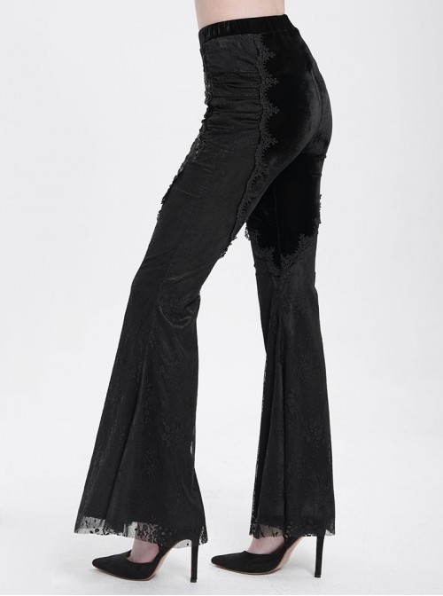 Elegant Slim Fit Black Velvet Stitching Lace Mesh Gorgeous Embroidered Patch Decoration Gothic Style Flared Pants