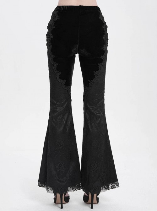 Elegant Slim Fit Black Velvet Stitching Lace Mesh Gorgeous Embroidered Patch Decoration Gothic Style Flared Pants