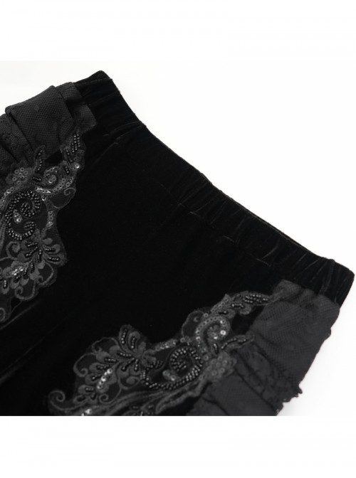 Elegant Slim Fit Black Velvet Stitching Lace Mesh Gorgeous Embroidered Patch Decoration Gothic Style Flared Pants