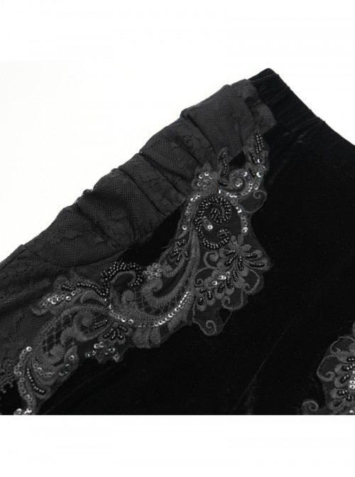 Elegant Slim Fit Black Velvet Stitching Lace Mesh Gorgeous Embroidered Patch Decoration Gothic Style Flared Pants