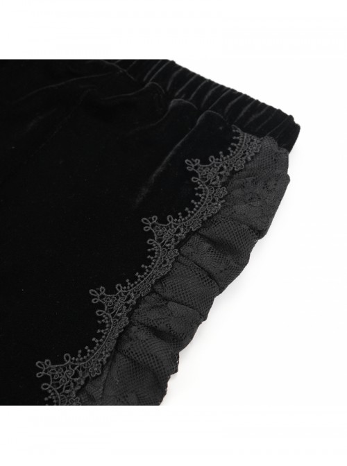 Elegant Slim Fit Black Velvet Stitching Lace Mesh Gorgeous Embroidered Patch Decoration Gothic Style Flared Pants