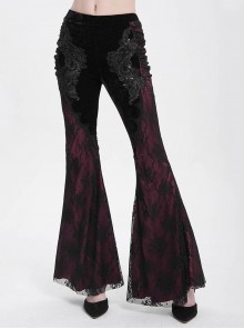 Elegant Retro Black Red Velvet Stitching Lace Mesh Gorgeous Embroidered Patch Gothic Style Flared Pants