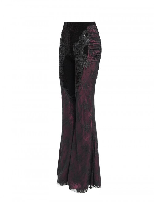 Elegant Retro Black Red Velvet Stitching Lace Mesh Gorgeous Embroidered Patch Gothic Style Flared Pants