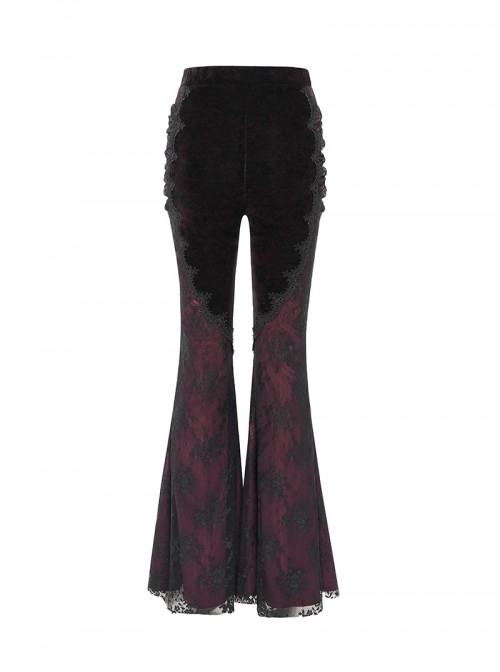 Elegant Retro Black Red Velvet Stitching Lace Mesh Gorgeous Embroidered Patch Gothic Style Flared Pants