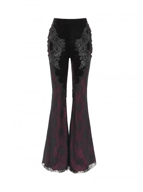 Elegant Retro Black Red Velvet Stitching Lace Mesh Gorgeous Embroidered Patch Gothic Style Flared Pants