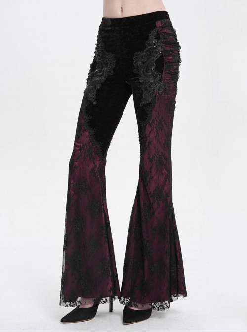 Elegant Retro Black Red Velvet Stitching Lace Mesh Gorgeous Embroidered Patch Gothic Style Flared Pants