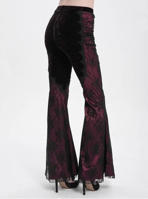Elegant Retro Black Red Velvet Stitching Lace Mesh Gorgeous Embroidered Patch Gothic Style Flared Pants