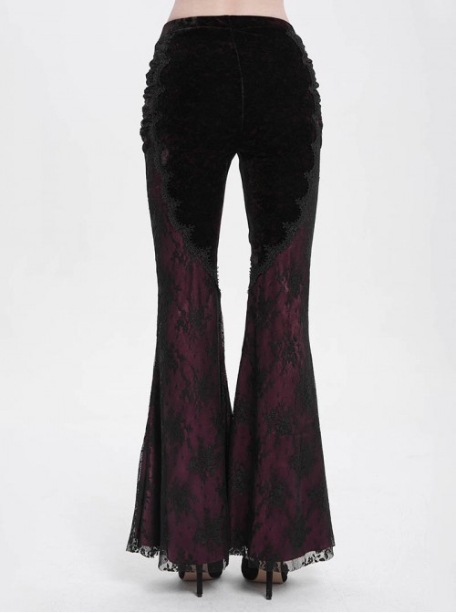 Elegant Retro Black Red Velvet Stitching Lace Mesh Gorgeous Embroidered Patch Gothic Style Flared Pants
